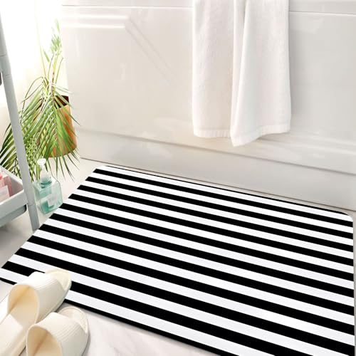 HKPOEQ Badematte Weiche Badteppich rutschfest Badzimmermatte Teppich Badezimmerteppich Duschmatte & Schlafzimmer,Hintergrund mit weißen und schwarzen Linien,50x80 cm von HKPOEQ
