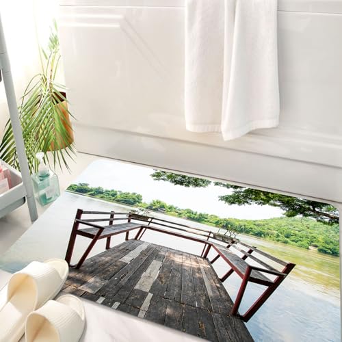 HKPOEQ Badematte Weiche Badteppich rutschfest Badzimmermatte Teppich Badezimmerteppich Duschmatte & Schlafzimmer,Holzsteg in der Natur, ruhige Uferpromenade, Steg mit Blick auf üppige grüne,50x80 cm von HKPOEQ