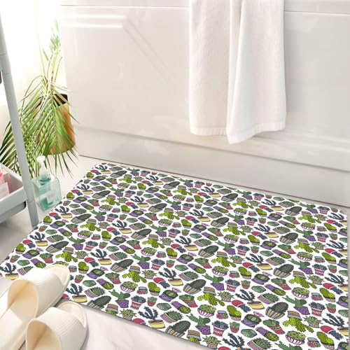 HKPOEQ Badematte Weiche Badteppich rutschfest Badzimmermatte Teppich Badezimmerteppich Duschmatte & Schlafzimmer,Kaktus, nahtloses Muster verschiedener Topfkakteen in Sich wiederholenden hel,50x80 cm von HKPOEQ