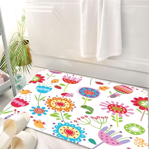HKPOEQ Badematte Weiche Badteppich rutschfest Badzimmermatte Teppich Badezimmerteppich Duschmatte & Schlafzimmer,Kinder, Verspielter Garten Bunte Wiese Mit Blühenden Blumen Erdbeeren Vögel T,50x80 cm von HKPOEQ
