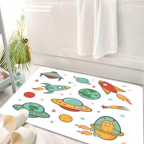 HKPOEQ Badematte Weiche Badteppich rutschfest Badzimmermatte Teppich Badezimmerteppich Duschmatte & Schlafzimmer,Kinder, Weltraum Thema Rakete Raumschiff UFO Stern,50x80 cm von HKPOEQ