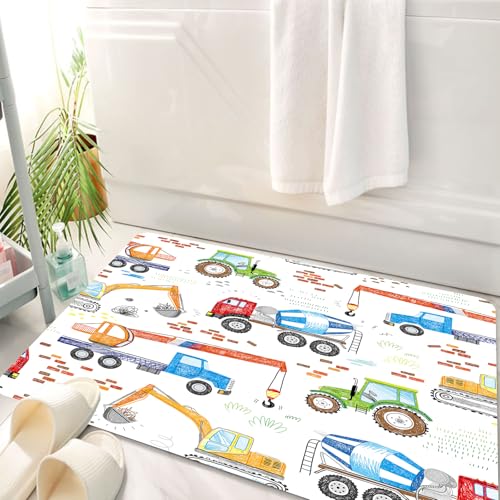 HKPOEQ Badematte Weiche Badteppich rutschfest Badzimmermatte Teppich Badezimmerteppich Duschmatte & Schlafzimmer,Kinder gezeichnete Baufahrzeuge Traktor Bagger Kran Betonmischer Gekritzel,50x80 cm von HKPOEQ