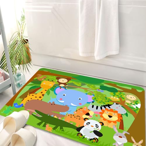 HKPOEQ Badematte Weiche Badteppich rutschfest Badzimmermatte Teppich Badezimmerteppich Duschmatte & Schlafzimmer,Kindergarten, lustige verspielte Dschungeltiere Wildtiere Säugetiere Bäume Bl,50x80 cm von HKPOEQ