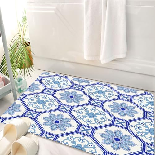 HKPOEQ Badematte Weiche Badteppich rutschfest Badzimmermatte Teppich Badezimmerteppich Duschmatte & Schlafzimmer,Kunst, Sich wiederholendes Muster aus sechseckigen Fliesen mit zarten blauen,50x80 cm von HKPOEQ