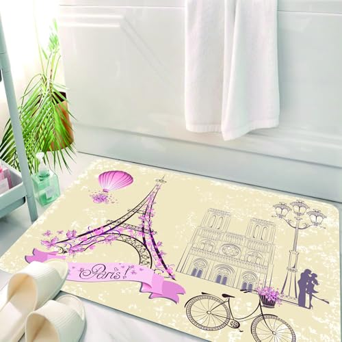 HKPOEQ Badematte Weiche Badteppich rutschfest Badzimmermatte Teppich Badezimmerteppich Duschmatte & Schlafzimmer,Kuss, Blumen Paris Symbole Sehenswürdigkeiten Eiffelturm Heißluftballon Fahrr,50x80 cm von HKPOEQ