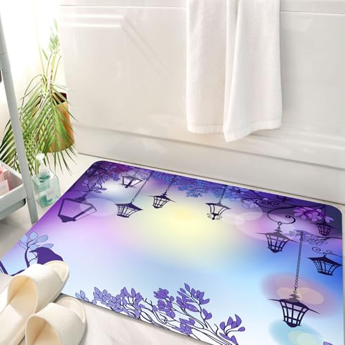 HKPOEQ Badematte Weiche Badteppich rutschfest Badzimmermatte Teppich Badezimmerteppich Duschmatte & Schlafzimmer,Laterne, antike Straße in Einer unheimlichen violetten Umgebung Rabe auf eine,50x80 cm von HKPOEQ