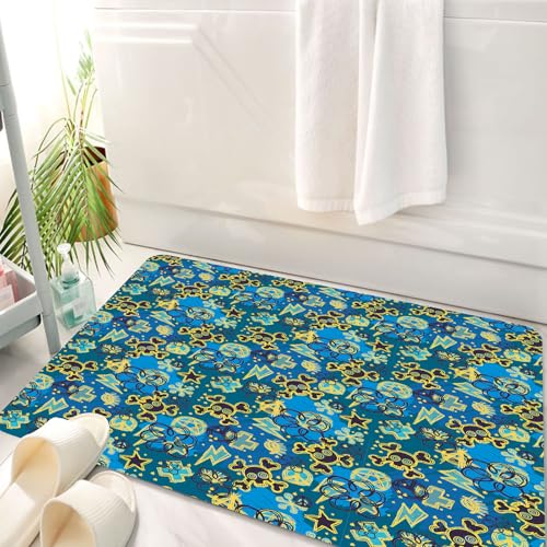 HKPOEQ Badematte Weiche Badteppich rutschfest Badzimmermatte Teppich Badezimmerteppich Duschmatte & Schlafzimmer,Lebendiges Design auf blauem Hintergrund mit Sich wiederholenden Mustern mit,50x80 cm von HKPOEQ