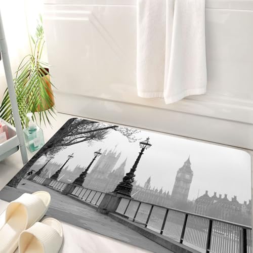 HKPOEQ Badematte Weiche Badteppich rutschfest Badzimmermatte Teppich Badezimmerteppich Duschmatte & Schlafzimmer,London, Big Ben vom Walking Way an der Themse mit Laternen unter dem Regenbil,50x80 cm von HKPOEQ