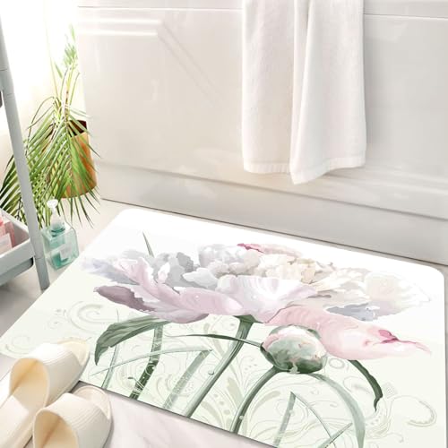 HKPOEQ Badematte Weiche Badteppich rutschfest Badzimmermatte Teppich Badezimmerteppich Duschmatte & Schlafzimmer,Luxuriöse weiße Pfingstrose Blume in Pastellfarben mit Knospe und Blumenmuste,50x80 cm von HKPOEQ