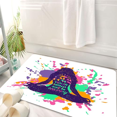 HKPOEQ Badematte Weiche Badteppich rutschfest Badzimmermatte Teppich Badezimmerteppich Duschmatte & Schlafzimmer,Modernes, Yoga posierendes Mädchen mit einem motivierenden, fröhlichen Zitat,50x80 cm von HKPOEQ