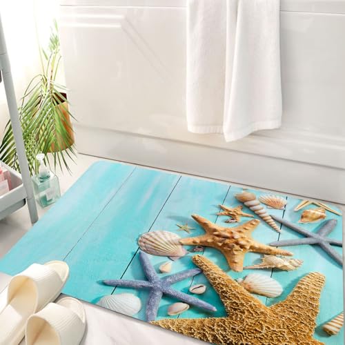 HKPOEQ Badematte Weiche Badteppich rutschfest Badzimmermatte Teppich Badezimmerteppich Duschmatte & Schlafzimmer,Muschel Seestern Muschel Muschel Türkis Holzbrett Frisches Ozean Design,50x80 cm von HKPOEQ