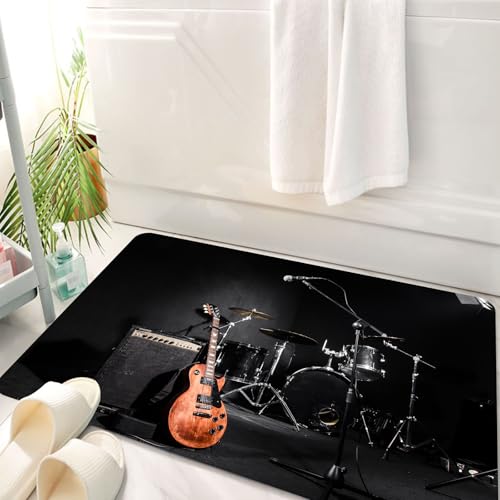 HKPOEQ Badematte Weiche Badteppich rutschfest Badzimmermatte Teppich Badezimmerteppich Duschmatte & Schlafzimmer,Musik Musikinstrumente Gitarre mit Trommel in schwarzem Deko-Läufer,50x80 cm von HKPOEQ