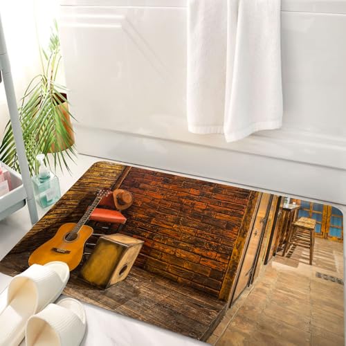 HKPOEQ Badematte Weiche Badteppich rutschfest Badzimmermatte Teppich Badezimmerteppich Duschmatte & Schlafzimmer,Musikset, Musikinstrumente auf Holzbühne in Einer Getränkebar, Theke,50x80 cm von HKPOEQ