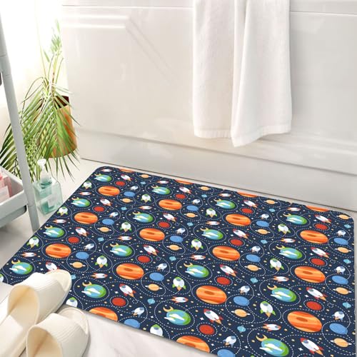HKPOEQ Badematte Weiche Badteppich rutschfest Badzimmermatte Teppich Badezimmerteppich Duschmatte & Schlafzimmer,Nahtloses Kinder-Cartoon-Weltraummuster mit Raketen, Planeten, Sternen und Un,50x80 cm von HKPOEQ