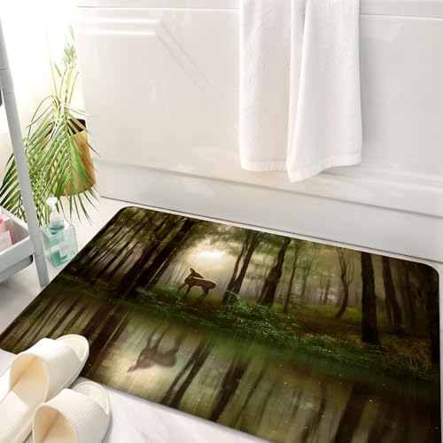 HKPOEQ Badematte Weiche Badteppich rutschfest Badzimmermatte Teppich Badezimmerteppich Duschmatte & Schlafzimmer,Natur, Baby-Hirsch im Wald mit Spiegelung auf dem See, neblige Waldlandschaft,50x80 cm HKPOEQ Badematte Weiche Badteppich rutschfest Badzimmermatte Teppich Badezimmerteppich Duschmatte & Schlafzimmer,Natur, Baby-Hirsch im Wald mit Spiegelung auf dem See, neblige Waldlandschaft,50x80 cm von HKPOEQ
