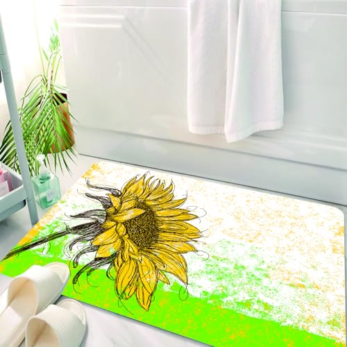 HKPOEQ Badematte Weiche Badteppich rutschfest Badzimmermatte Teppich Badezimmerteppich Duschmatte & Schlafzimmer,Natur, Blumendruck mit Sonnenblumen in einem Feldgarten Sketchy Abstract Deta,50x80 cm von HKPOEQ