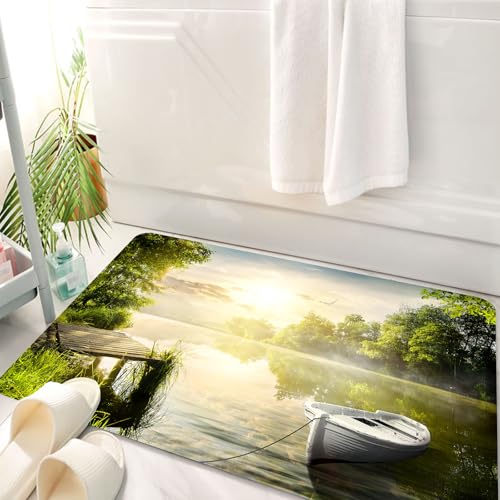 HKPOEQ Badematte Weiche Badteppich rutschfest Badzimmermatte Teppich Badezimmerteppich Duschmatte & Schlafzimmer,Natur, Boot auf dem nebligen Seedeck, verträumter Wald am Morgen, Bild im LAN,50x80 cm von HKPOEQ