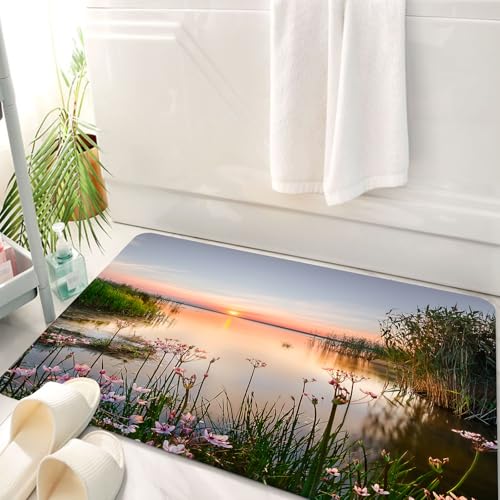 HKPOEQ Badematte Weiche Badteppich rutschfest Badzimmermatte Teppich Badezimmerteppich Duschmatte & Schlafzimmer,Natur, Sonnenuntergang am Chudskoy See Estland. Blick auf Frühling blu,50x80 cm von HKPOEQ