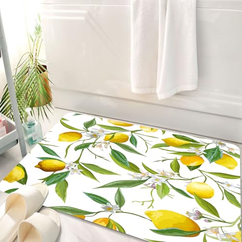 HKPOEQ Badematte Weiche Badteppich rutschfest Badzimmermatte Teppich Badezimmerteppich Duschmatte & Schlafzimmer,Natur, blühende Zitrone Holzpflanze Romantik Lebensraum Zitrusfrüchte frische,50x80 cm von HKPOEQ