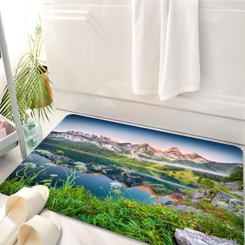 HKPOEQ Badematte Weiche Badteppich rutschfest Badzimmermatte Teppich Badezimmerteppich Duschmatte & Schlafzimmer,Natur, nebliger Sommermorgen auf den österreichischen Alpen mit See W,50x80 cm von HKPOEQ