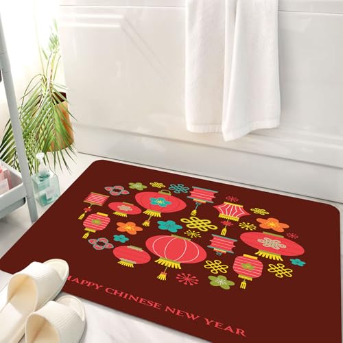 HKPOEQ Badematte Weiche Badteppich rutschfest Badzimmermatte Teppich Badezimmerteppich Duschmatte & Schlafzimmer,Neujahrsfeier, lebhaft dargestellte rote Laternen und dekorative Muster auf d,50x80 cm von HKPOEQ