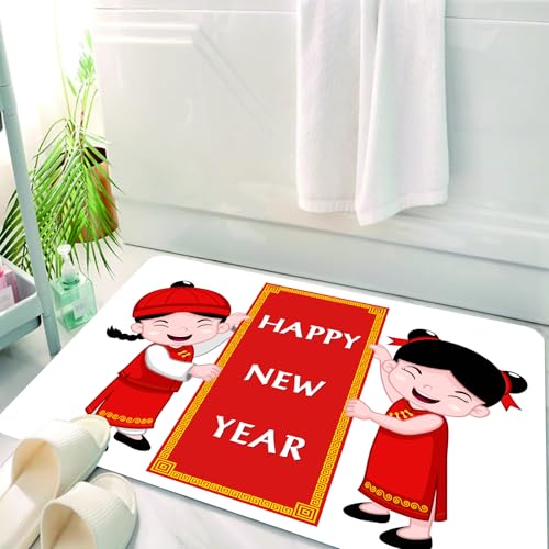 HKPOEQ Badematte Weiche Badteppich rutschfest Badzimmermatte Teppich Badezimmerteppich Duschmatte & Schlafzimmer,Neujahrsszene: Zwei Kinder in traditionellen Kostümen halten EIN „Frohes Neue,50x80 cm von HKPOEQ