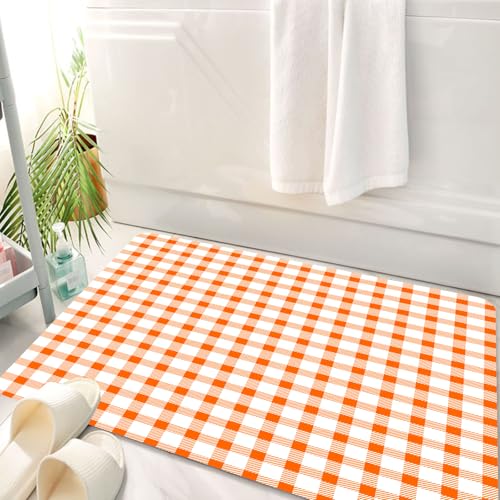HKPOEQ Badematte Weiche Badteppich rutschfest Badzimmermatte Teppich Badezimmerteppich Duschmatte & Schlafzimmer,Orange-weißes Karomuster im Retro-Gingham-Stil in warmen Tönen,50x80 cm von HKPOEQ