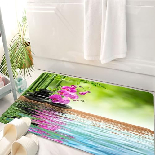 HKPOEQ Badematte Weiche Badteppich rutschfest Badzimmermatte Teppich Badezimmerteppich Duschmatte & Schlafzimmer,Orchidee Blume Stein Orientalische Kultur Spiritualität Wellness Tropisch URL,50x80 cm von HKPOEQ