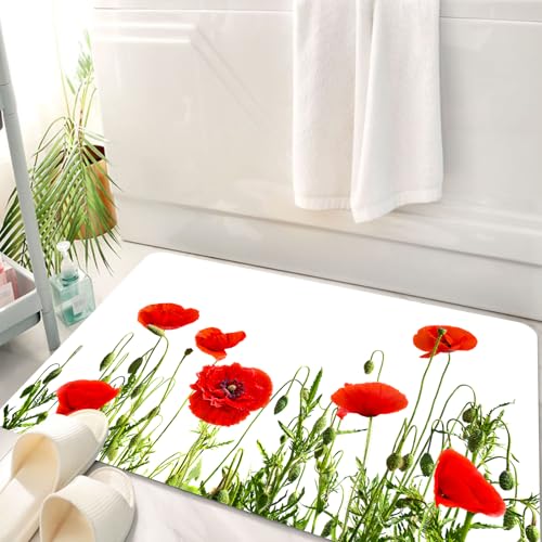 HKPOEQ Badematte Weiche Badteppich rutschfest Badzimmermatte Teppich Badezimmerteppich Duschmatte & Schlafzimmer,Papaver mehr Rosenpapaver auf einem weißen Hintergrund mit Ruimte für den Tex,50x80 cm von HKPOEQ