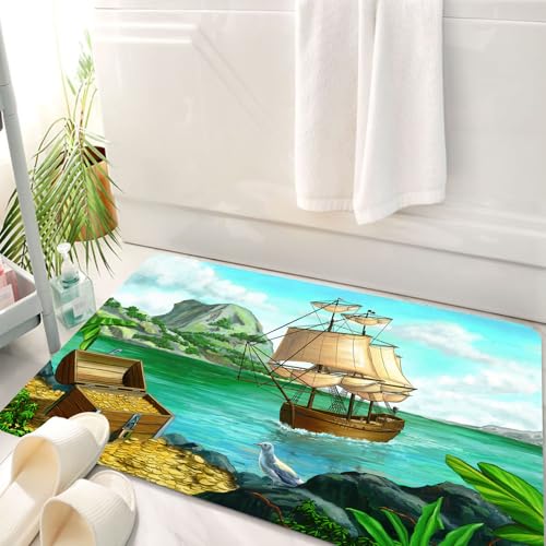 HKPOEQ Badematte Weiche Badteppich rutschfest Badzimmermatte Teppich Badezimmerteppich Duschmatte & Schlafzimmer,Pirat, exotische Meeresküste mit Truhe voller Gold Altes Schiff Tropic Nature,50x80 cm HKPOEQ Badematte Weiche Badteppich rutschfest Badzimmermatte Teppich Badezimmerteppich Duschmatte & Schlafzimmer,Pirat, exotische Meeresküste mit Truhe voller Gold Altes Schiff Tropic Nature,50x80 cm von HKPOEQ