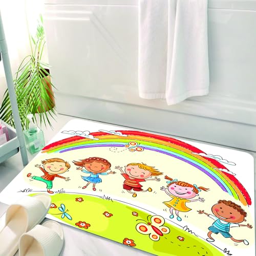 HKPOEQ Badematte Weiche Badteppich rutschfest Badzimmermatte Teppich Badezimmerteppich Duschmatte & Schlafzimmer,Regenbogen, Kinder springen vor Freude auf einem Hügel unter einem Regenbogen,50x80 cm von HKPOEQ