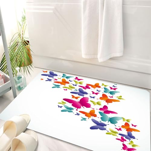 HKPOEQ Badematte Weiche Badteppich rutschfest Badzimmermatte Teppich Badezimmerteppich Duschmatte & Schlafzimmer,Regenbogen, von der Natur inspirierte Schmetterlinge in verschiedenen Größen,50x80 cm von HKPOEQ