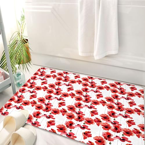 HKPOEQ Badematte Weiche Badteppich rutschfest Badzimmermatte Teppich Badezimmerteppich Duschmatte & Schlafzimmer,Reihe von Aquarell roten Mohnblumen repetitives Design auf weißem Hintergrund,50x80 cm von HKPOEQ