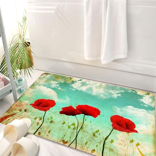 HKPOEQ Badematte Weiche Badteppich rutschfest Badzimmermatte Teppich Badezimmerteppich Duschmatte & Schlafzimmer,Retro-Papier strukturierte Blumen, kräftige rote Mohnblumen vor verwittertem,50x80 cm von HKPOEQ