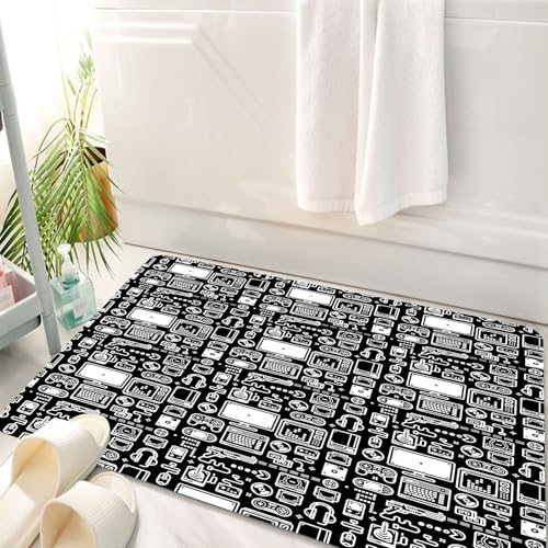 HKPOEQ Badematte Weiche Badteppich rutschfest Badzimmermatte Teppich Badezimmerteppich Duschmatte & Schlafzimmer,Retro-Spielmuster, schwarzer Hintergrund, wiederholtes Design mit weißer Vint,50x80 cm von HKPOEQ