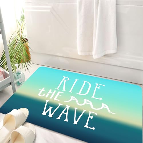 HKPOEQ Badematte Weiche Badteppich rutschfest Badzimmermatte Teppich Badezimmerteppich Duschmatte & Schlafzimmer,Ride The Wave, Ride The Wave-Zitat mit Ocean Horizon-Hintergrundgrafik, Blaug,50x80 cm von HKPOEQ