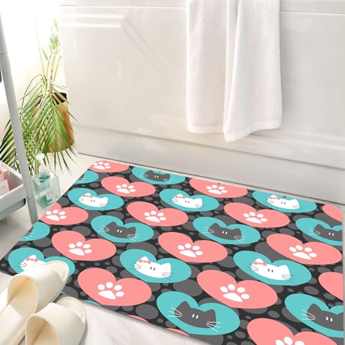 HKPOEQ Badematte Weiche Badteppich rutschfest Badzimmermatte Teppich Badezimmerteppich Duschmatte & Schlafzimmer,Romantisches nahtloses Muster mit Herzen und Kätzchen,50x80 cm von HKPOEQ
