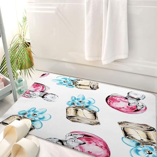 HKPOEQ Badematte Weiche Badteppich rutschfest Badzimmermatte Teppich Badezimmerteppich Duschmatte & Schlafzimmer,Rosa Parfümflasche aus Glas mit Blütenblättern, Duft roter Apfel, gelbes Glas,50x80 cm von HKPOEQ