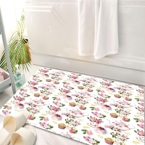 HKPOEQ Badematte Weiche Badteppich rutschfest Badzimmermatte Teppich Badezimmerteppich Duschmatte & Schlafzimmer,Rosen Shabby Chic Dekor Vintage Teekannen Blumen Blätter C,50x80 cm von HKPOEQ