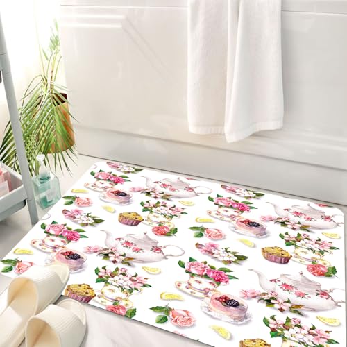 HKPOEQ Badematte Weiche Badteppich rutschfest Badzimmermatte Teppich Badezimmerteppich Duschmatte & Schlafzimmer,Rosen Shabby Chic Dekor Vintage Teekannen Blumen Blätter C1,50x80 cm von HKPOEQ