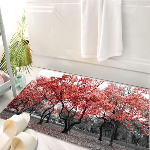 HKPOEQ Badematte Weiche Badteppich rutschfest Badzimmermatte Teppich Badezimmerteppich Duschmatte & Schlafzimmer,Rote Bäume in Einer surrealen schwarz-weißen Waldlandschaft im Central Park,50x80 cm von HKPOEQ
