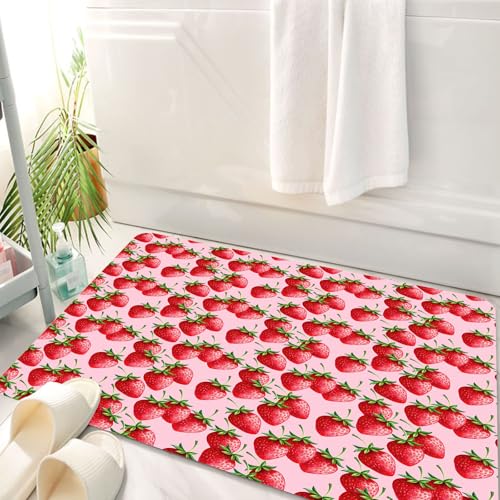 HKPOEQ Badematte Weiche Badteppich rutschfest Badzimmermatte Teppich Badezimmerteppich Duschmatte & Schlafzimmer,Rote köstliche große Erdbeeren auf rosa Hintergrund lecker saftig süß reif So,50x80 cm von HKPOEQ