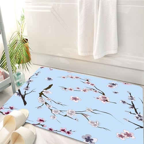 HKPOEQ Badematte Weiche Badteppich rutschfest Badzimmermatte Teppich Badezimmerteppich Duschmatte & Schlafzimmer,Satz realistisches Sakura-Japan-Kirschzweigmuster mit blühenden Blumen. Natur,50x80 cm von HKPOEQ