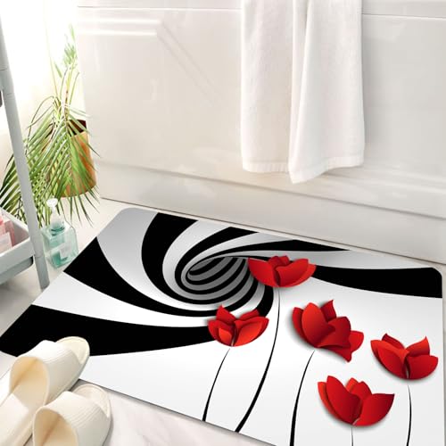 HKPOEQ Badematte Weiche Badteppich rutschfest Badzimmermatte Teppich Badezimmerteppich Duschmatte & Schlafzimmer,Schwarz und weiß Streifen rote Mohnblumen Blume Wirbel Spirale wirbelnden kre,50x80 cm von HKPOEQ