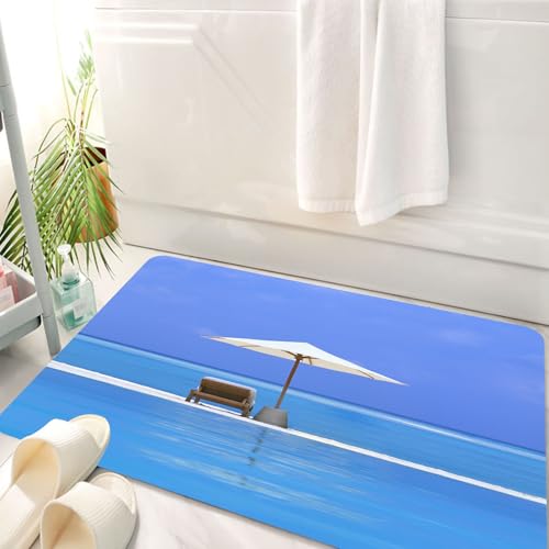 HKPOEQ Badematte Weiche Badteppich rutschfest Badzimmermatte Teppich Badezimmerteppich Duschmatte & Schlafzimmer,Seaside Dekor, Strandstühle und Sonnenschirm auf Einer l EIN,50x80 cm von HKPOEQ