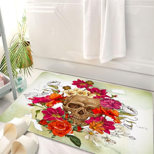 HKPOEQ Badematte Weiche Badteppich rutschfest Badzimmermatte Teppich Badezimmerteppich Duschmatte & Schlafzimmer,Skelett, EIN mit verschiedenen bunten Blumen geschmückter Totenkopf erzeugt e,50x80 cm von HKPOEQ