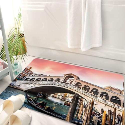 HKPOEQ Badematte Weiche Badteppich rutschfest Badzimmermatte Teppich Badezimmerteppich Duschmatte & Schlafzimmer,Sonnenuntergang in Venedig, die berühmte Rialtobrücke und die Gondel im Kanal,50x80 cm von HKPOEQ