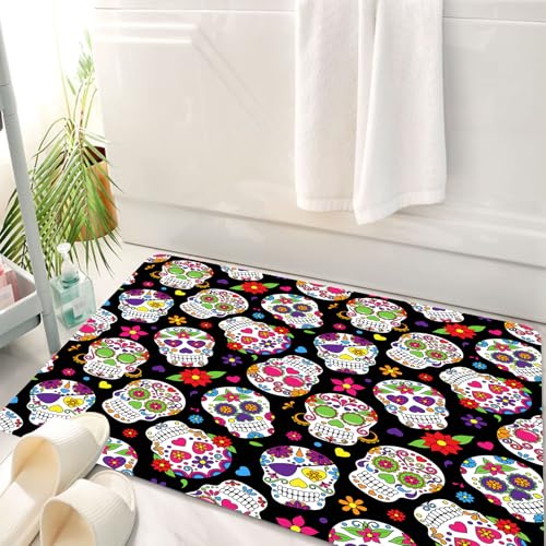HKPOEQ Badematte Weiche Badteppich rutschfest Badzimmermatte Teppich Badezimmerteppich Duschmatte & Schlafzimmer,Tag des Todes – Inspiriertes Muster, buntes Totenkopfmuster auf schwarzem Hin,50x80 cm von HKPOEQ