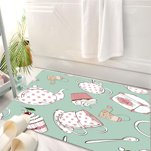 HKPOEQ Badematte Weiche Badteppich rutschfest Badzimmermatte Teppich Badezimmerteppich Duschmatte & Schlafzimmer,Teeparty-Thema, Teekanne, Tasse und Süßigkeiten mit süßen runden dekorativen,50x80 cm von HKPOEQ