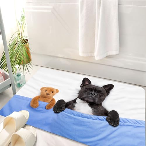 HKPOEQ Badematte Weiche Badteppich rutschfest Badzimmermatte Teppich Badezimmerteppich Duschmatte & Schlafzimmer,Tierdekor, französische Bulldogge schläft im Bett mit Teddybär dicht beieinan,50x80 cm von HKPOEQ